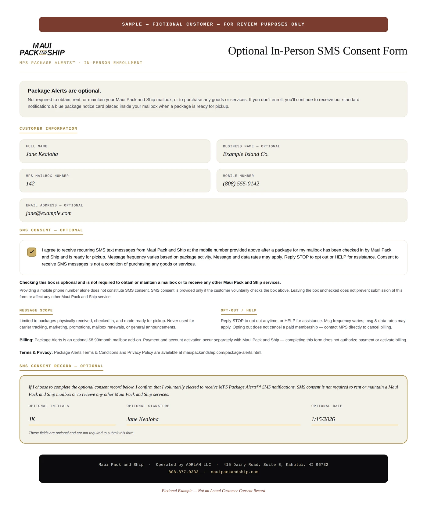 Sample completed MPS Package Alerts in-person SMS consent form with fictional customer Jane Kealoha, showing the SMS consent checkbox voluntarily checked and the optional initials, signature, and date fields voluntarily completed — clearly labeled as a fictional example, not an actual customer record